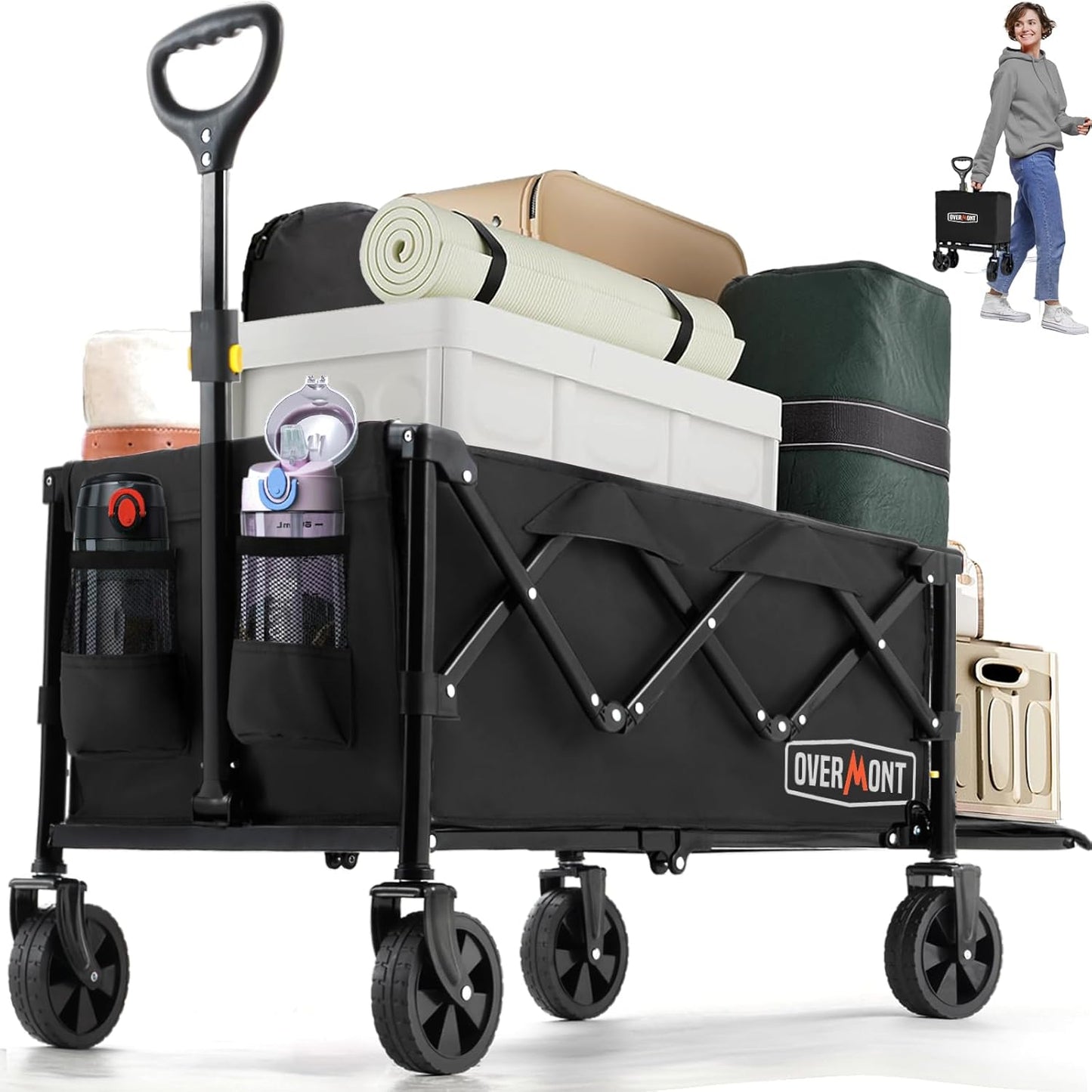 OVERMONT Collapsible Wagon with Tailgate - 220lbs Extended Lightweight Foldable Utility Wagons Folding Cart with Wheels - Small Garden Grocery Cart for Shopping,Grocery,Sports,Garden