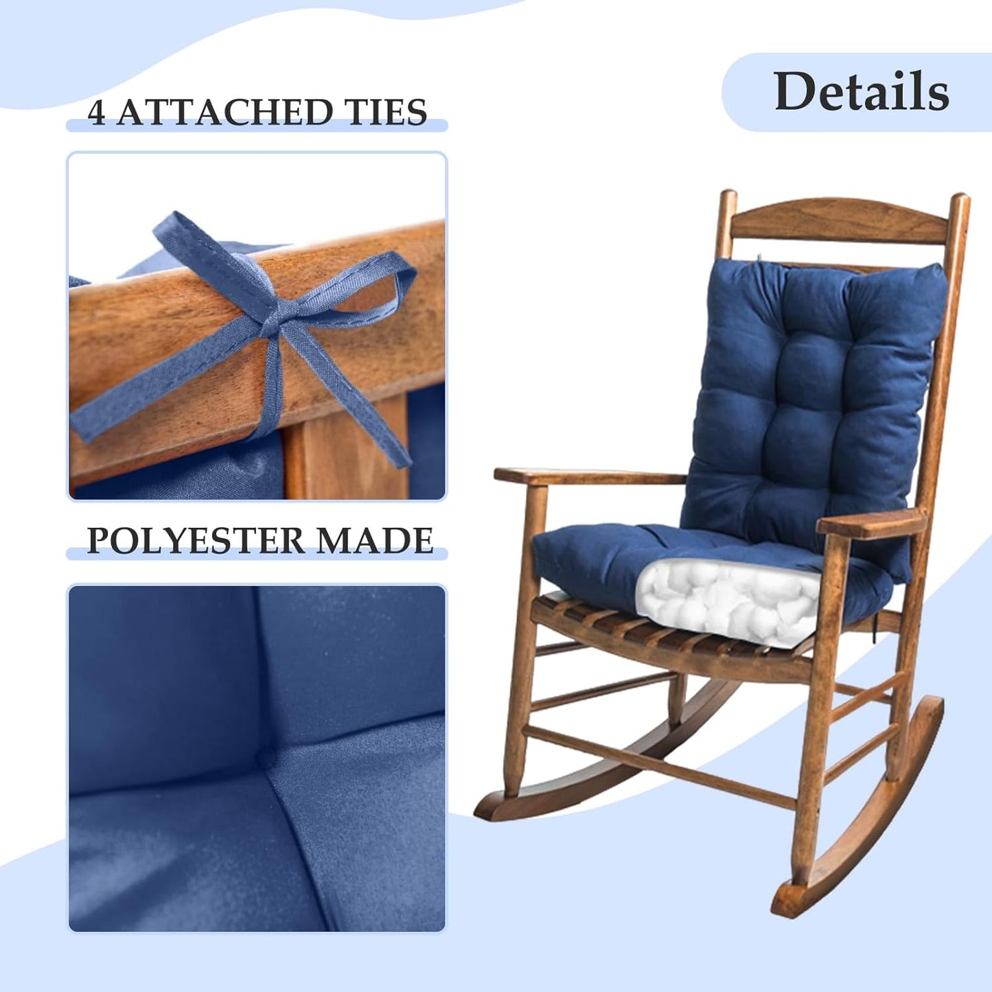 Indoor Outdoor Rocking Chair Cushions Pack of 1, Patio High Back Chair Seat Cushions with Ties for Garden Patio Furniture, Khaki