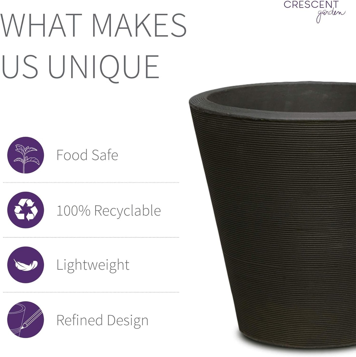 Crescent Garden Madison Planter– Weather-Resistant, Double Walled Indoor/Outdoor Plant Pot with Drain Hole – Durable All-Season Flower Container, 16" W (Caviar Black)