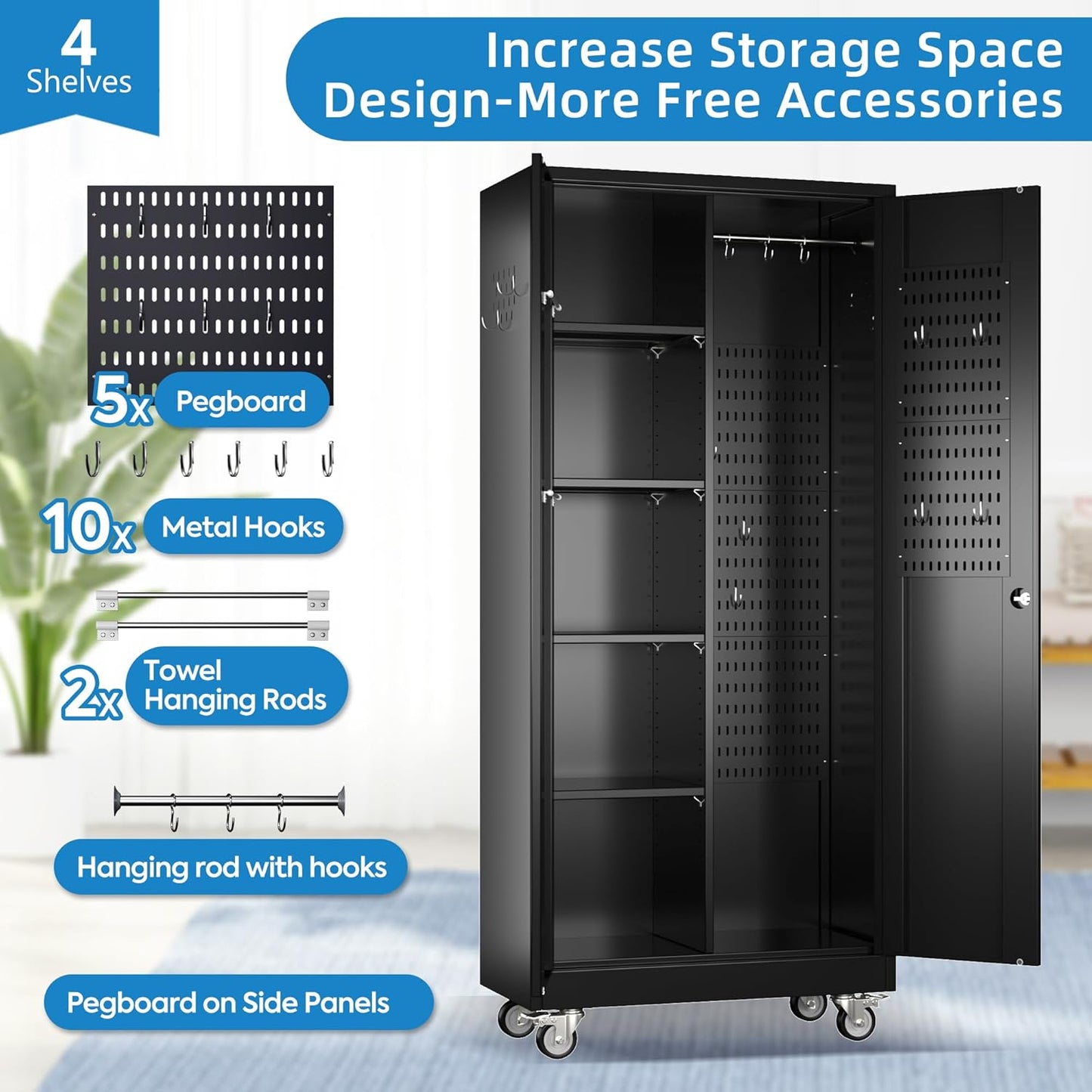 Garage Storage Cabinet with Wheels, Metal Tool Cabinet with Pegboards and 4 Adjustable Shelves, Garage Storage System with Lockable Door for Shools, Offices, Gyms and Pantries, Black
