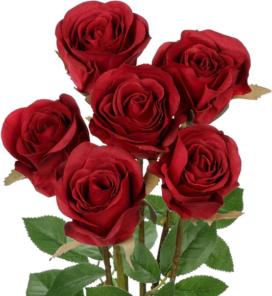 Briful Red Artificial Roses – 6PCS 18.9" Silk Rose Faux Flowers with Long Stems Realistic Fake Rose Bouquet for DIY Wedding Arrangements Table Vase Centerpieces Home Event Decor