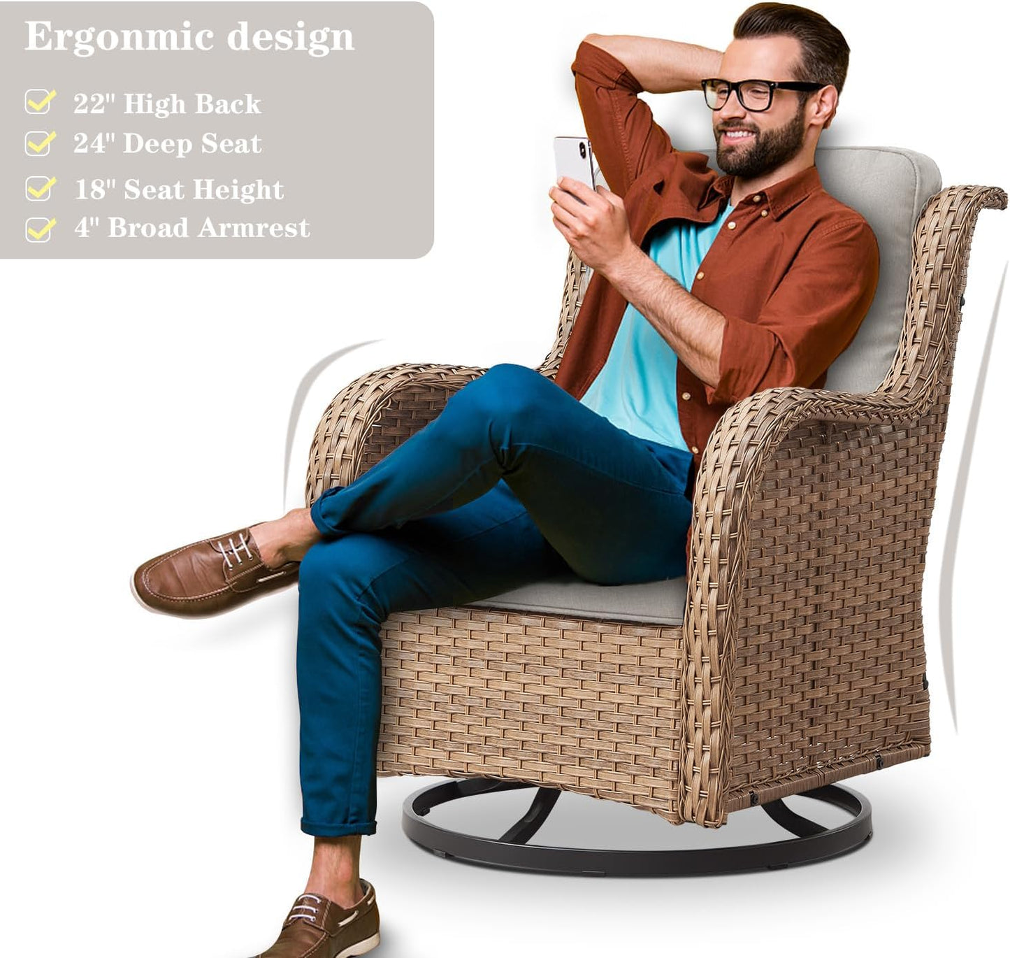 Outdoor Swivel Rocker Patio Chairs - 360 Degree Swivel Glider Seating 350LBS Weight Capacity 3 Piece Wicker Rocking Chairs Set with Side Table for Porch Balcony Deck, Yellow/Beige