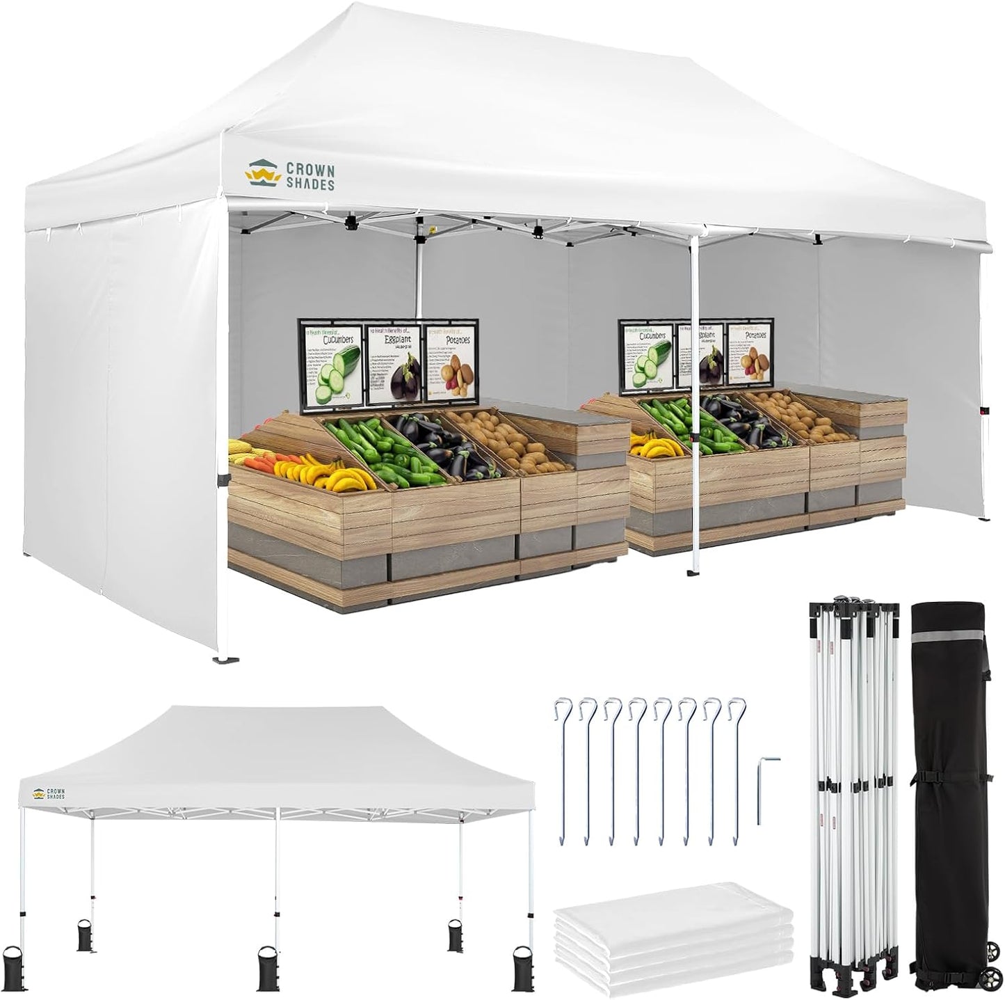 CROWN SHADES 10x20 Pop Up Canopy Tent, Thicken Frame Commercial Heavy Duty Tent, 4 Sidewalls 8 Stakes & 4 Sandbags & 4 Ropes, Outdoor Canopies for Events, Parties,White