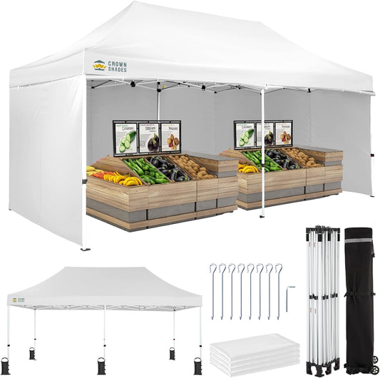 CROWN SHADES 10x20 Pop Up Canopy Tent, Thicken Frame Commercial Heavy Duty Tent, 4 Sidewalls 8 Stakes & 4 Sandbags & 4 Ropes, Outdoor Canopies for Events, Parties,White