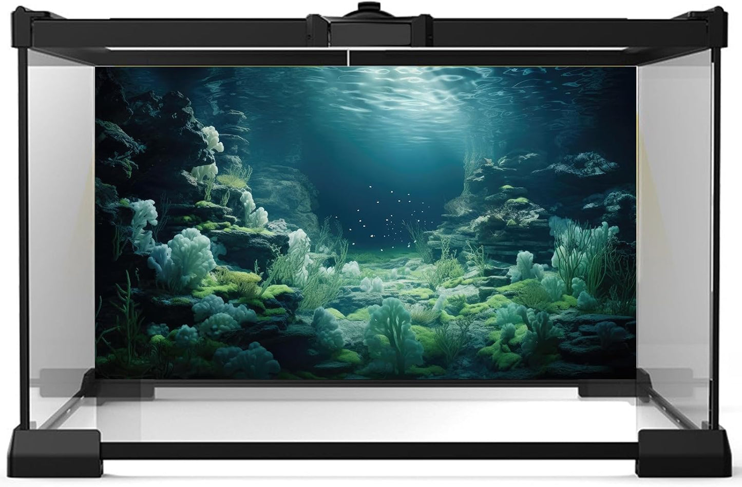 Aquarium Background Underwater Bioluminescent Life Coral Terrarium Backdrop White Coral Lush Moss Fish Tank Background Rock Sunlight Rays Tank Aquarium Wallpaper Poster Vinyl 48x24in