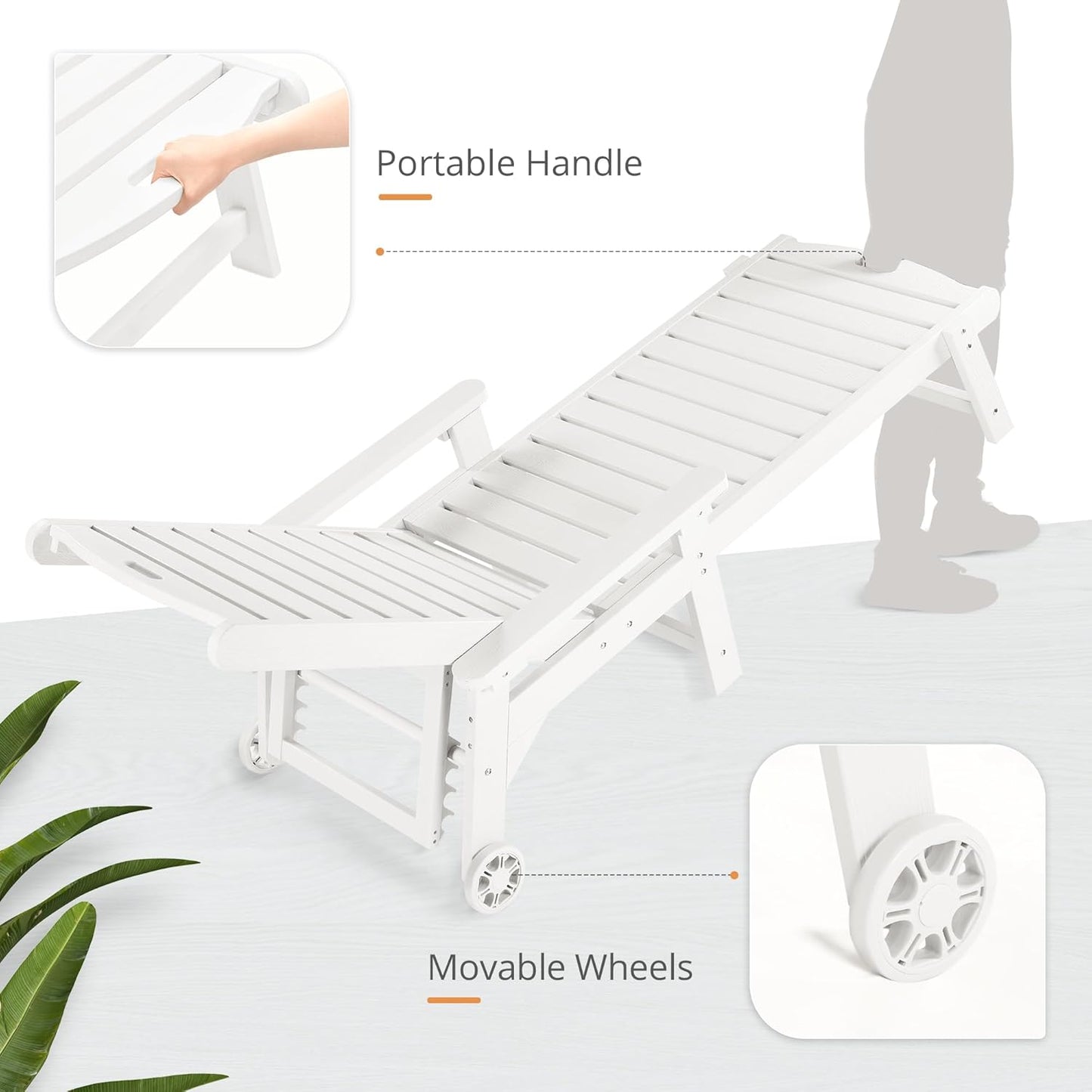 LUE BONA Chaise Lounge Chairs Set with Table, 6-Piece, 79'' Oversized HDPS Chaise Lounger, 5 Positions Adjustable Lounge Chairs, Pool Lounge Chair with Wheels for Poolside, 3 Year Warranty, White