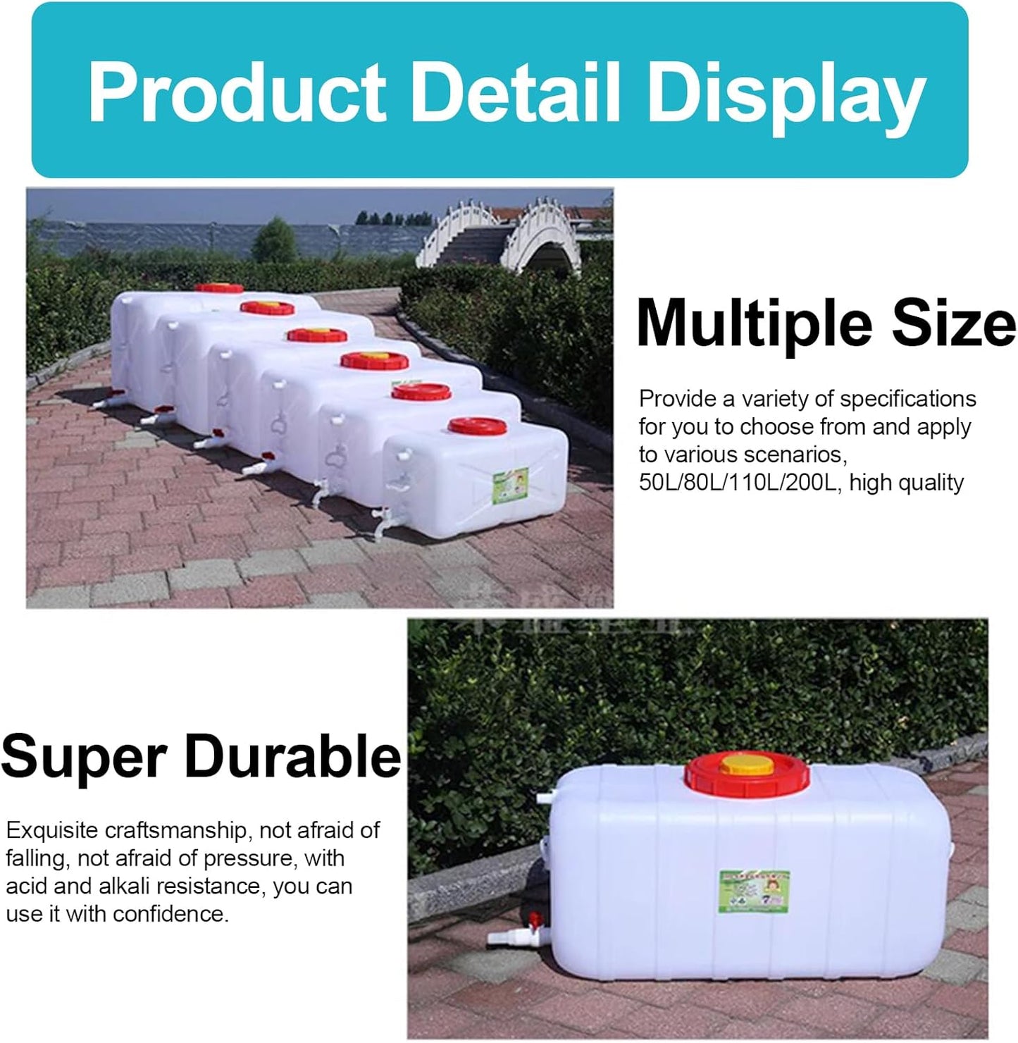 Heavy Duty Water Container Plastic Water Storage Carrier with Tap 50l 80l 110l 200l Water Tank Water Bottle Dispenser for Camping Caravan Hiking Outdoor(Size:50L)