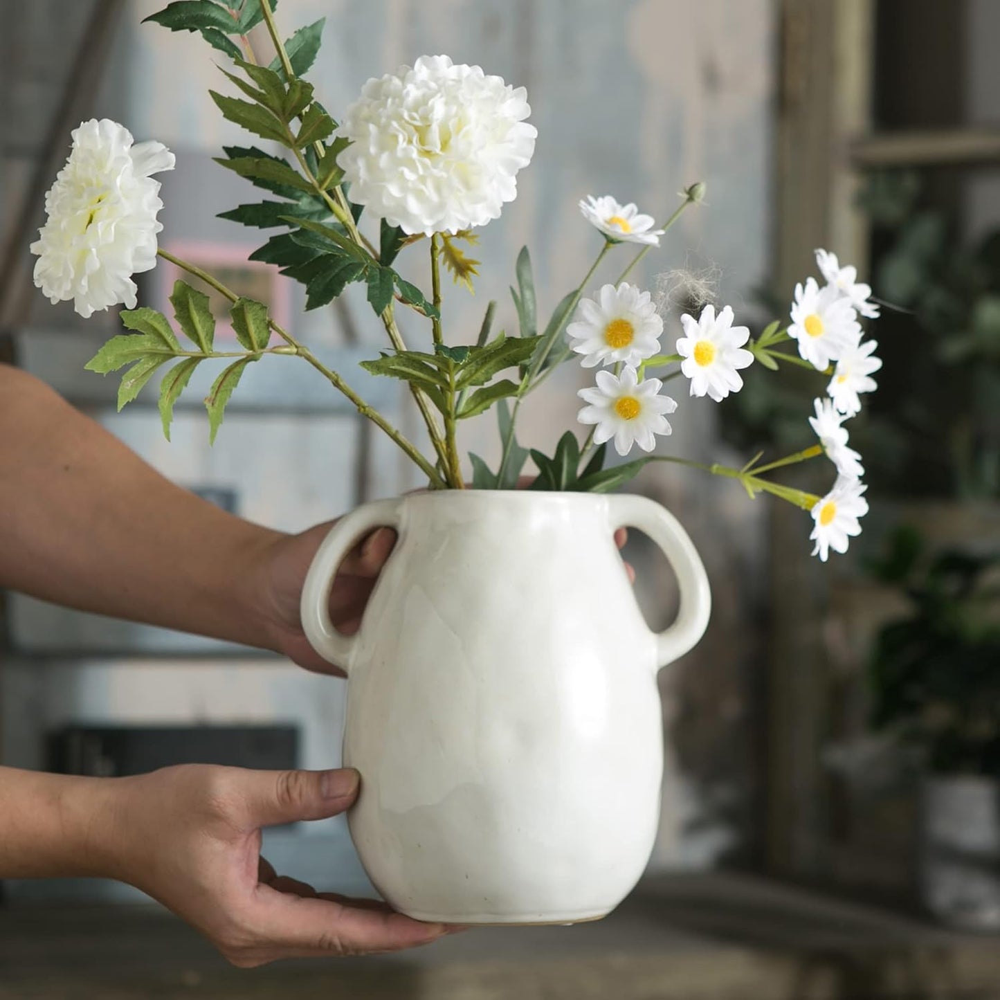 White Ceramic Vase with 2 Handles, Modern Farmhouse Decor, Rustic Terracotta Pottery, Decorative Flower Vases, Clay Small Vase, Centerpiece for Dining Table - 7 Inch Tall