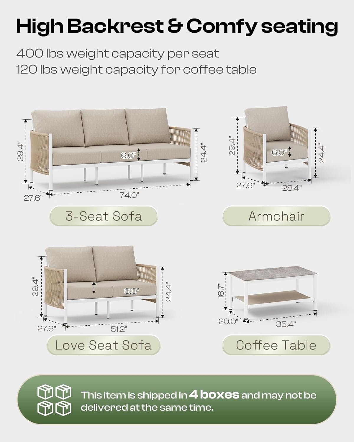 Aluminum Outdoor Patio Couch, 3 Seats HDPE Rope Patio Sofa with Washable Thick Cushion, All-Weather Patio Furniture for Balcony, Yard, White Frame, Ivory