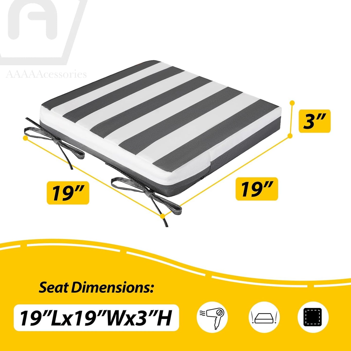 AAAAAcessories Outdoor Seat Cushions for Chairs, Waterproof, Fade-Resistant Patio Furniture Replacement Cushions, 19" x 19" x 3", Set of 2, Gray Cabana Stripe