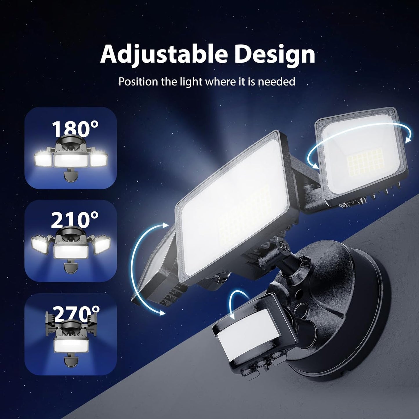 Onforu 3 Pack 65W LED Motion Sensor Outdoor Lights, Security Light Motion Outdoor Flood Light Fixture Detection Detector, 3 Adjustable Heads 6500LM 6500K IP65 Waterproof Exterior Garage Yard (Black)