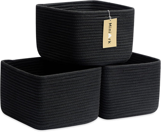 Small Organizing Baskets for Cubes Shelf, 9.7x9.7x7.1 Inch Rope Woven Storage Bins for Nursery Shelves Storage, Cute Toy Basket, Square 3 Packs Black