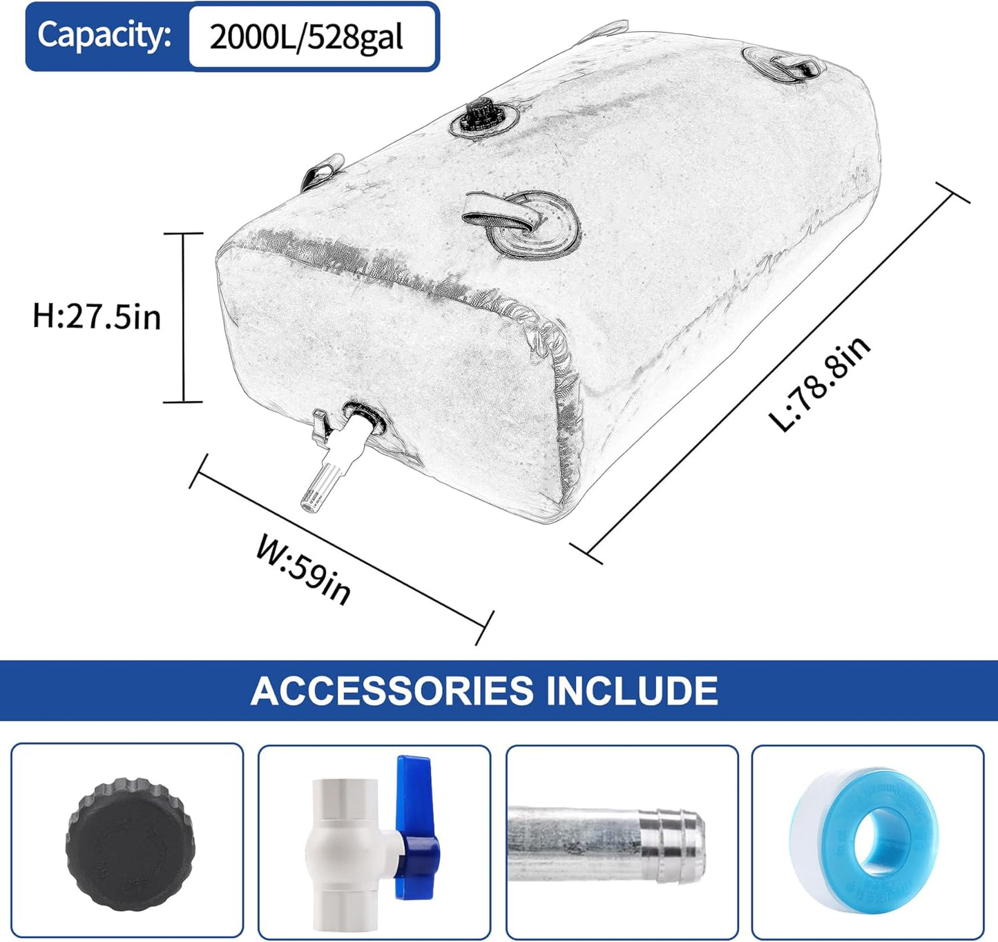 2000 L/528 Gal Water Bladder Tank, Foldable Portable Water Storage Container, Emergency Water Bag for RV, Truck Bed, Fire Prevention, Drought Resistance, Blue