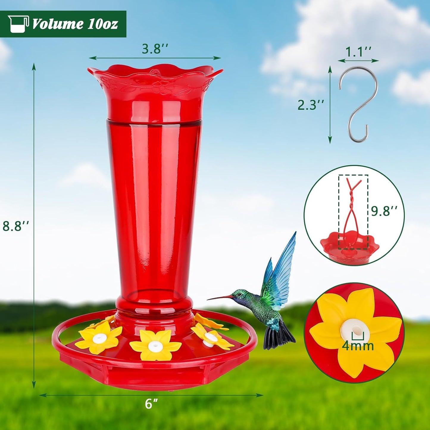 10 OZ Glass Hummingbird Feeders for Outdoors Hanging - Red 2 Pack, Ant & Bee Proof and 6 Feeding Ports, Garden Yard Décor Gifts for Mom