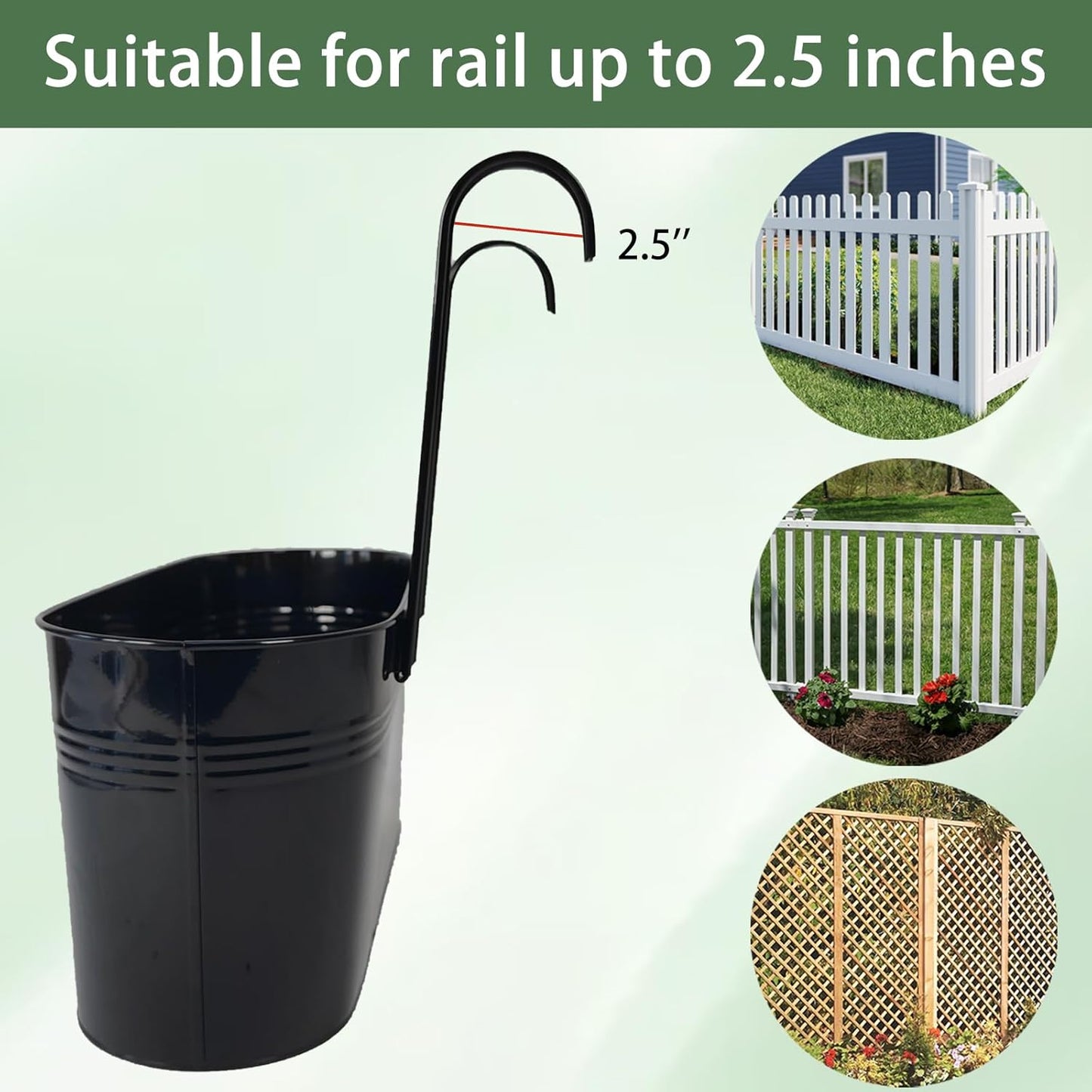Hanging Planters for Outdoor Plants, 17" Railing Planter Pots, Metal Fence Flower Pot for Porch Balcony with Detachable Hookt (Black, Pack of 8)