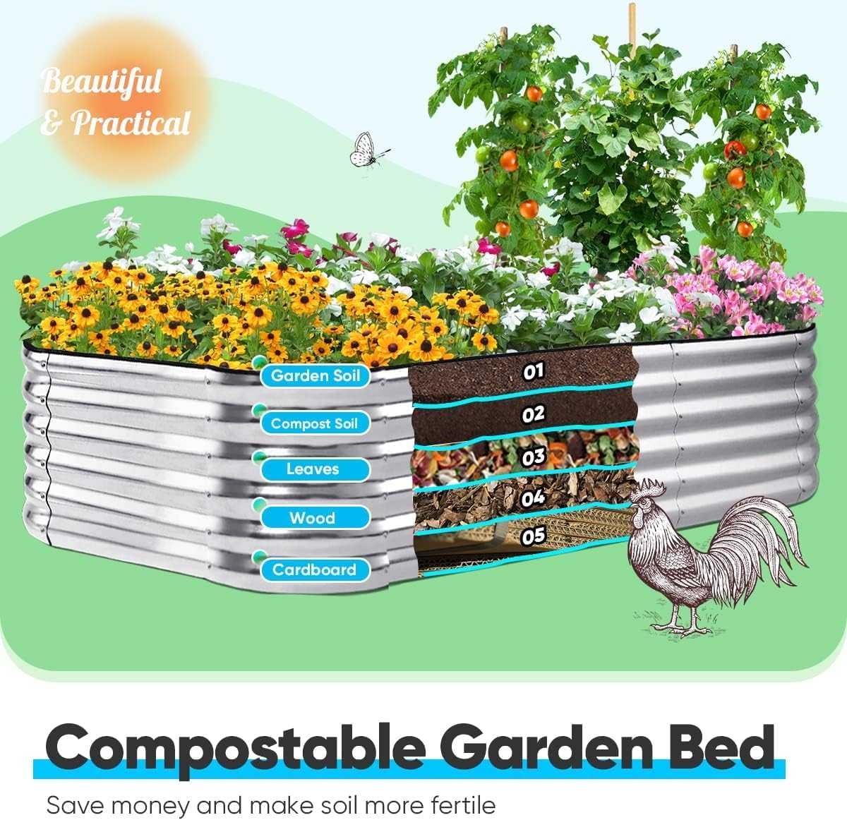 Quictent Raised Garden Bed Kit Oval Galvanized Metal Planter Box Tall for Vegetables Outdoor Backyard, Rubber Strip Edging Included, Silver 8x4x1.5 ft