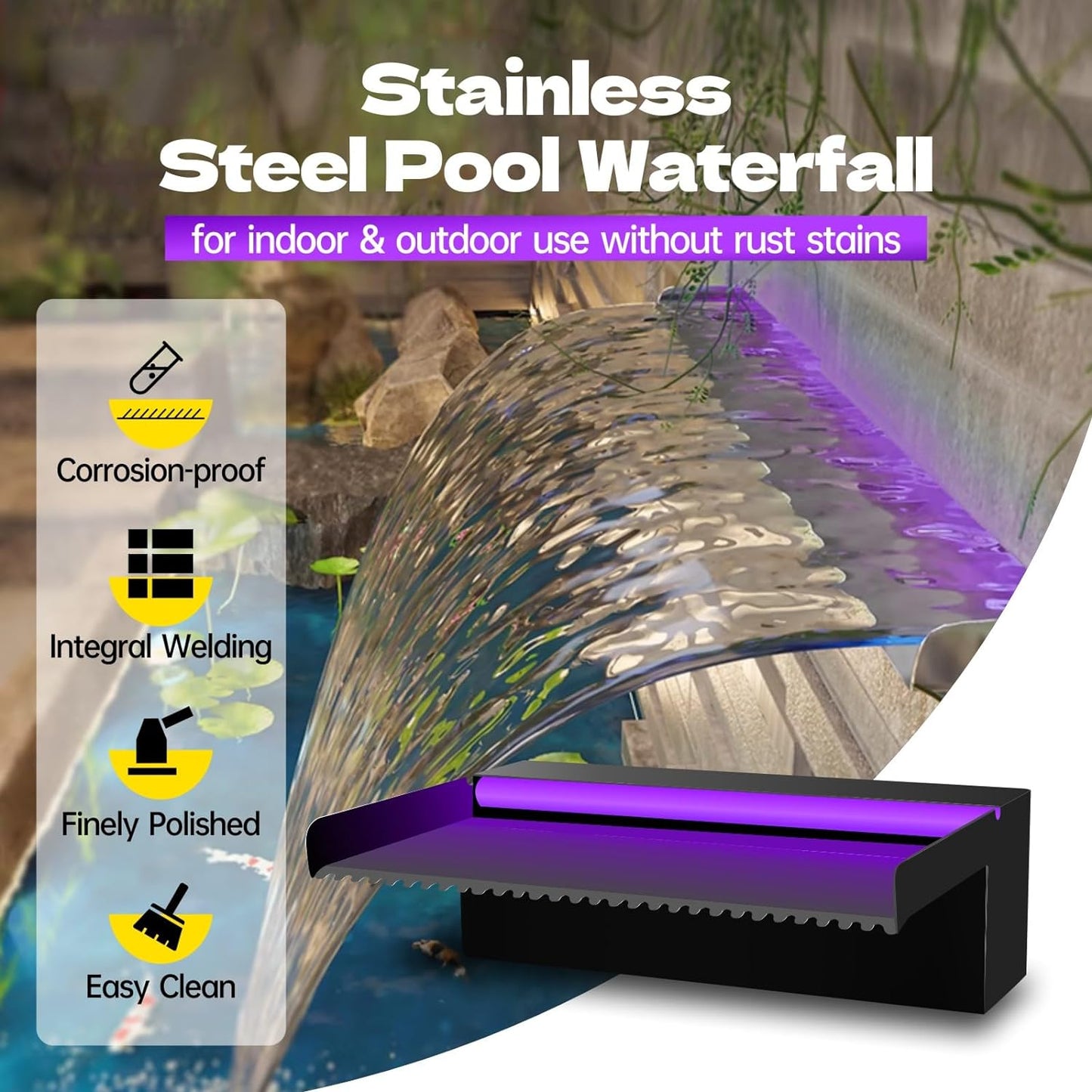 Pool Waterfall Spillway Stainless Steel Pond Fountain, APP Control Colorful LED Lighted Outdoor Black Fountains, Water Flow Spillways Kit for Koi Pond, Swimming Pool, Garden-23.6"x7.8"x3.9"