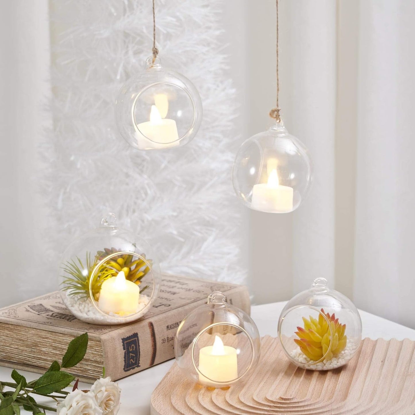 Hanging Glass Candle Holder, Globe Glass Tea Light Holder, Hanging Glass Vase, Flower Plants Terrarium, Glass Orbs Container, Micro Landscape DIY for Home, Office, Wedding (3.15" 6Pcs)