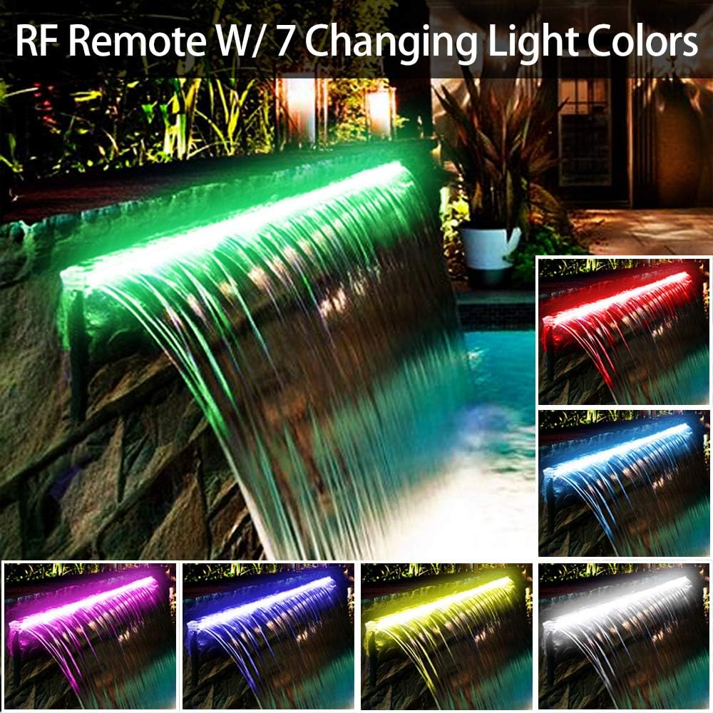 YUDA 24'' Stainless Steel Waterfall Pool Fountain with SMD LED 7 Color Changing and Remote, Lighted Waterfall Spillway for Sheer Descent Garden Outdoor