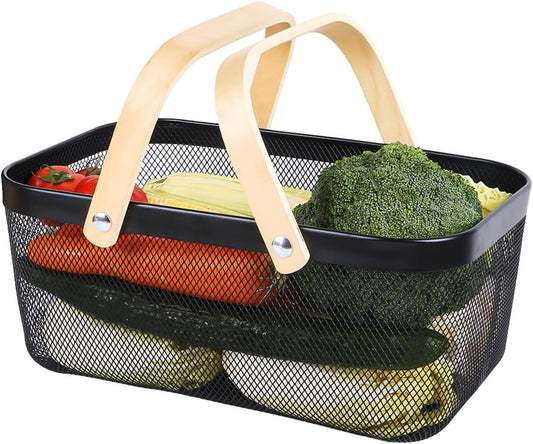 Portable Mesh Harvest Basket - Natural Bamboo Handle Foldable Organizer for Kitchen, Garden & Picnic | Ventilated Storage Bin with Rust-Proof Wire, Space-Saving Farmhouse Decor (Black)
