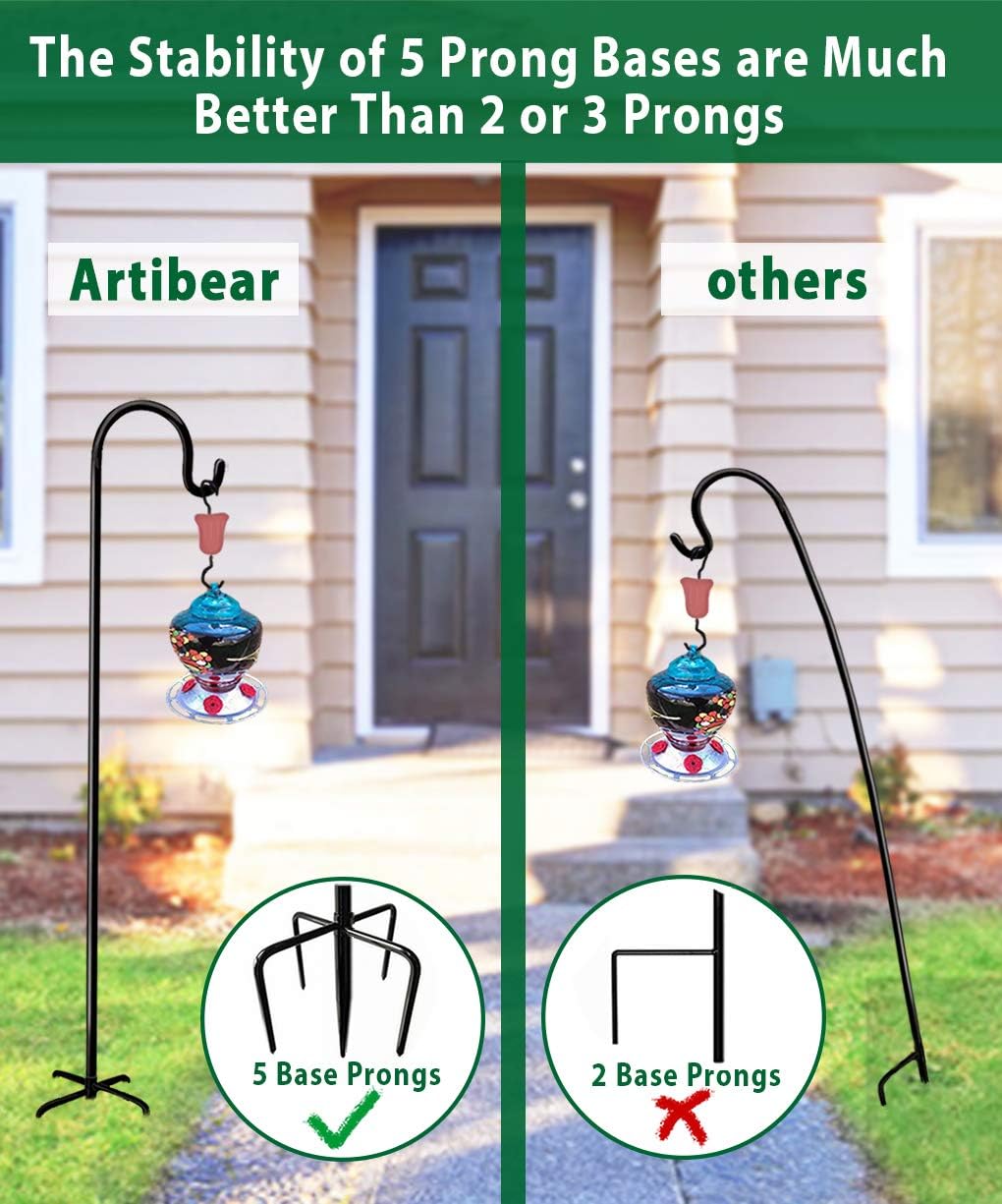 Artibear Adjustable Outdoor Shepherd Hook Stand with 5 Prong Base, 108 Inches Tall 3/5 in Thick, Shiny Black (2 Packs)