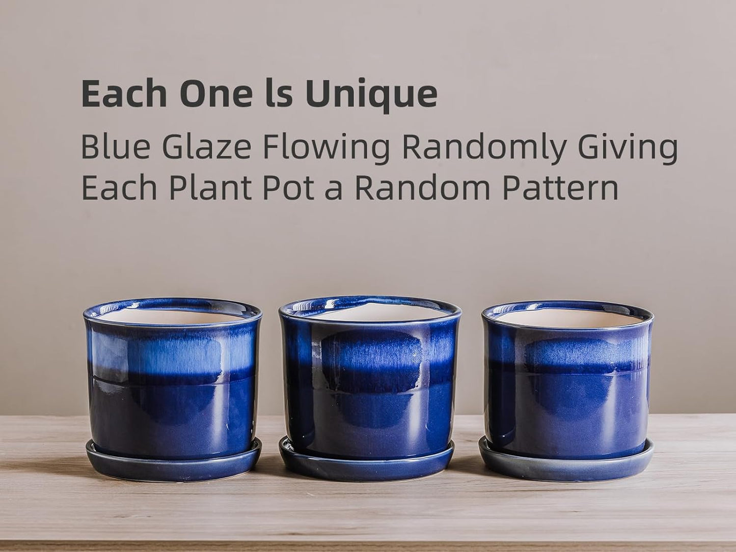 8 Inch Plant Pot: Ceramic Planter with Drainage Hole & Saucer - Gradient Blue Flowerpot for Indoor & Outdoor Plants with Separate Tray
