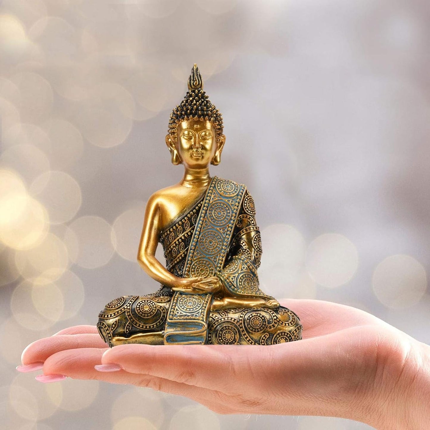 Nacome Meditating Seated Thai Buddha Statue Praying Collectibles Figurines,Zen Garden Buddha Sculpture-Indoor/Outdoor Decor for Home,Porch Yard Art Decoration,polyresin,Gold Buddah,Gift