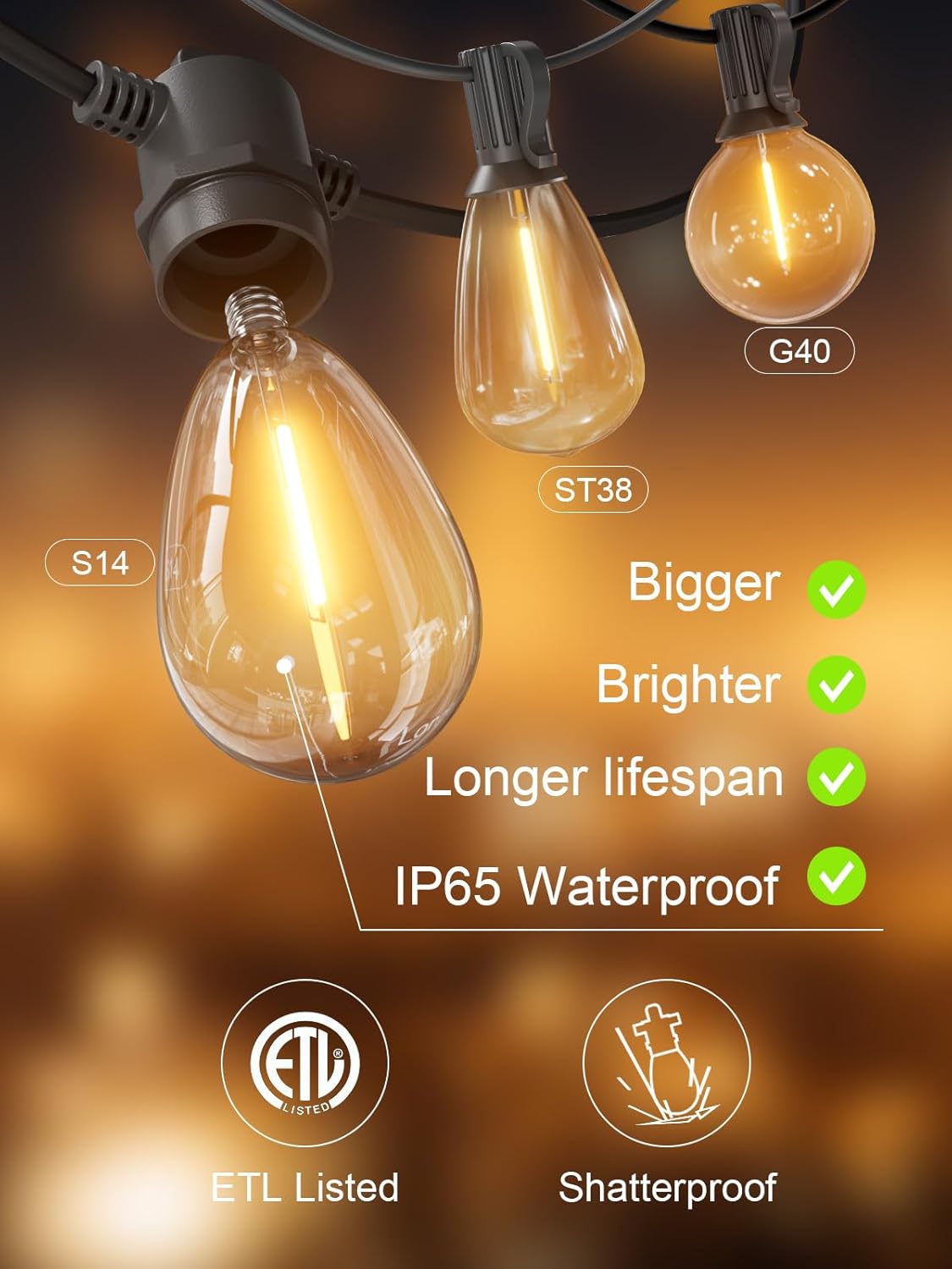 Svater Outdoor String Lights 200 FT, Patio Lights for Outside with Shatterproof LED Bulbs, Waterproof IP65 Commercial Hanging Light for Backyard Porch Balcony Bistro Party, 2700K