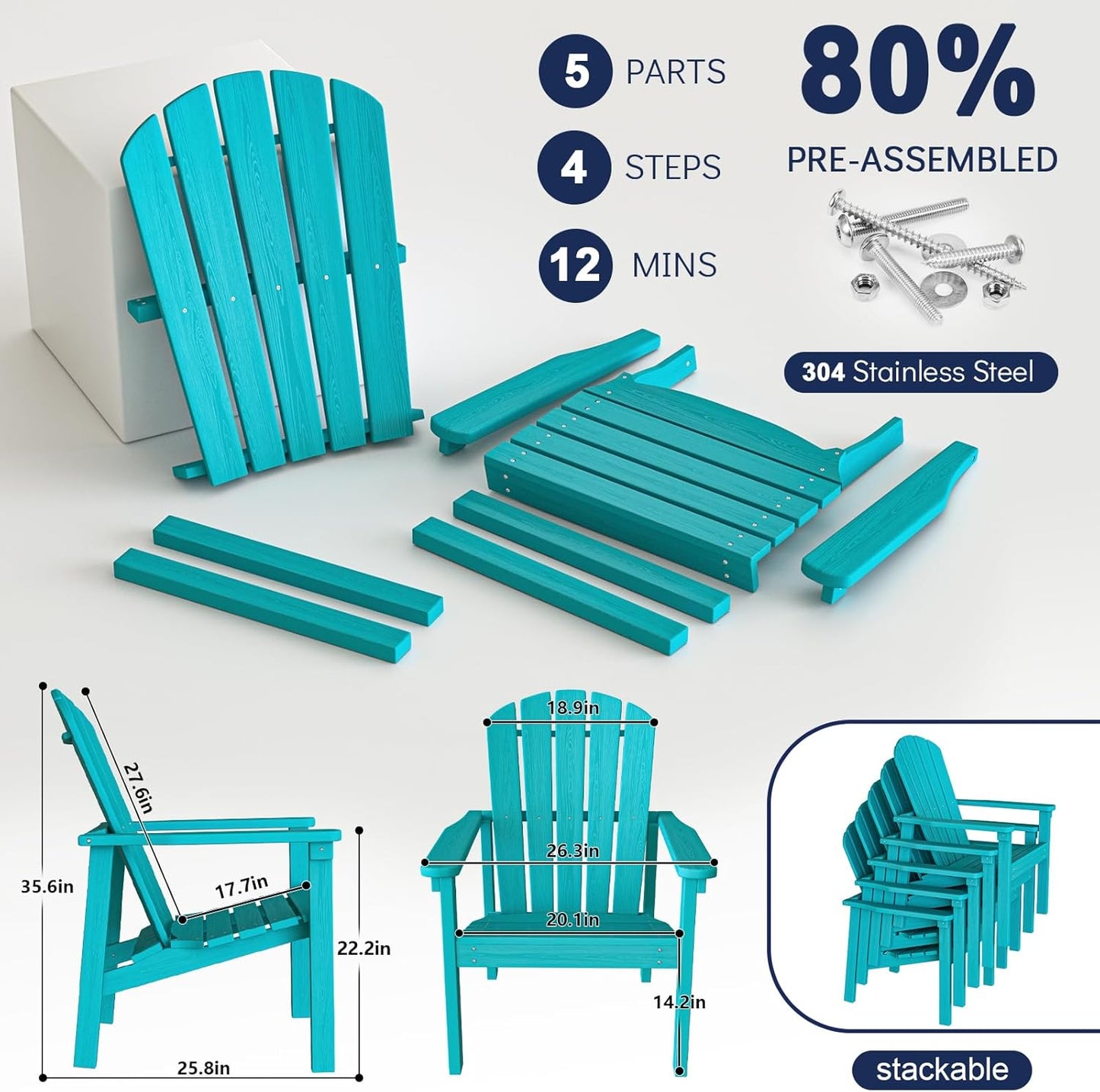 Stackable Adirondack Chair Set of 4, HDPE Outdoor Patio Chair - Durable and Space Saving, Suitable for Porches, Lawns or Garden, Aruba