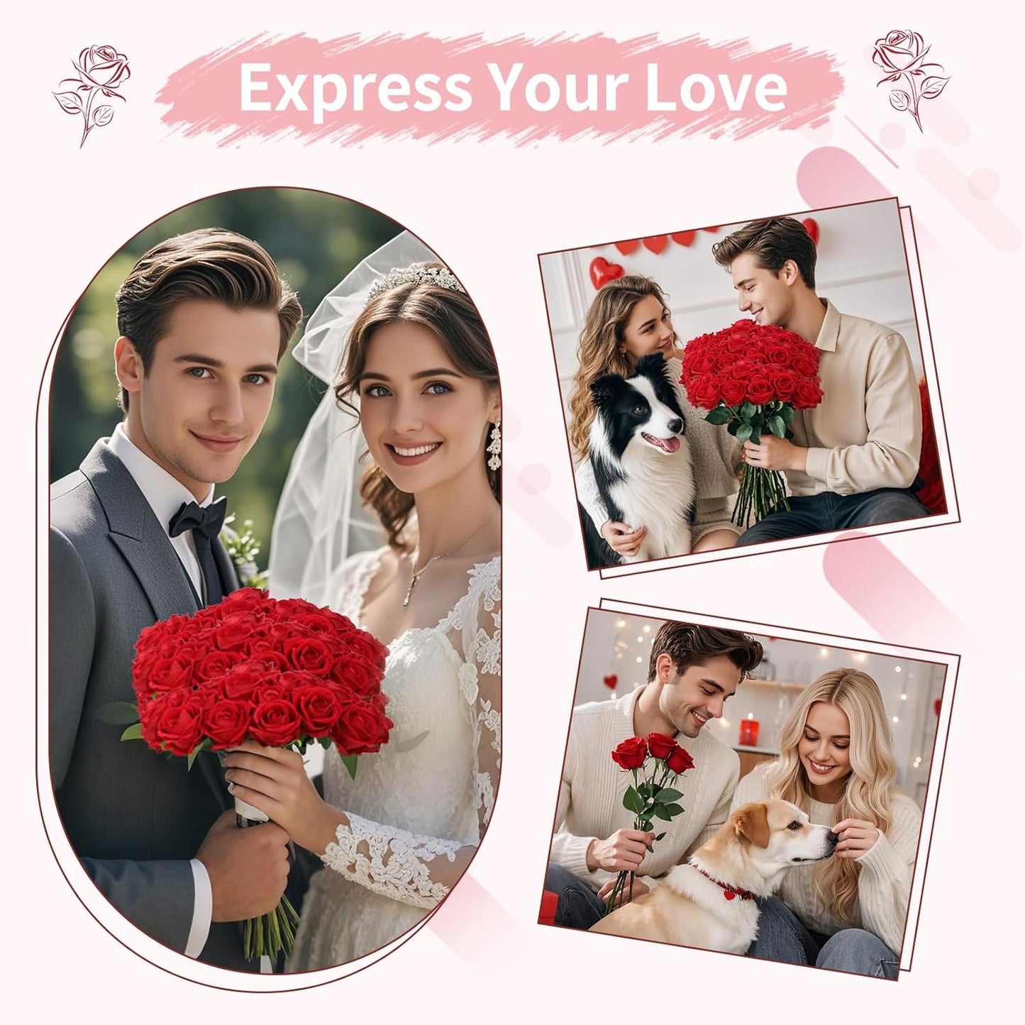 55 PCS Fake Roses Artificial Flowers Bulk, Red Roses Bridal Bouquet Silk Faux Rose with Stems for Wedding Flowers Decoration, Valentine's Day, Bridal Bouquet, Anniversary,Home Decor (55PCS, Red)