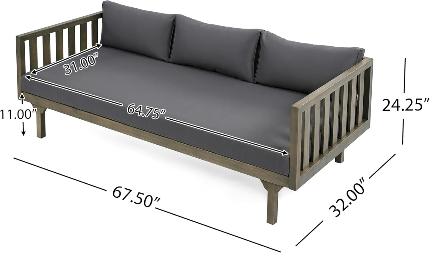 Christopher Knight Home Claremont Patio Sofa and Coffee Table Set, 2 Piece Outdoor Patio Furniture Set with Cushion, Acacia Wood 3 Seater Outdoor Sofa Daybed and Coffee Table Set, Dark Grey+Grey
