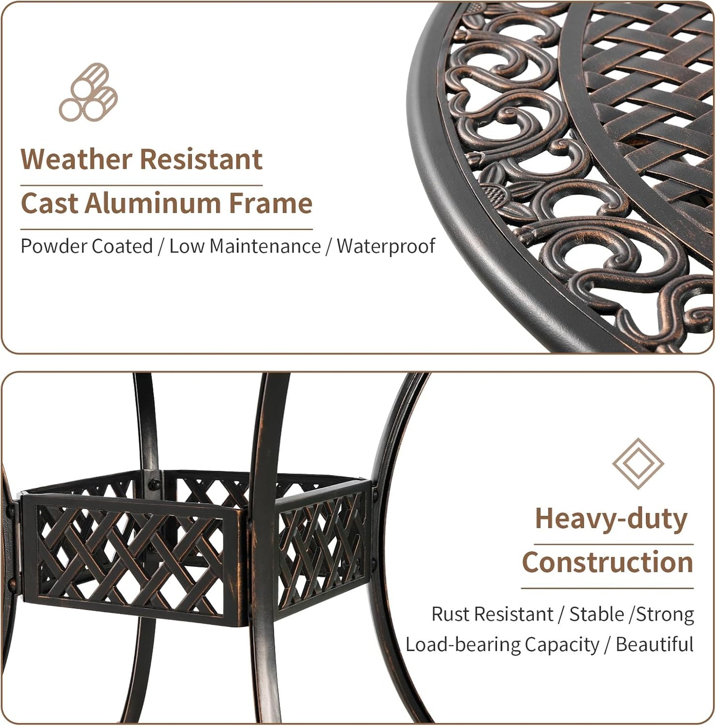 42" Round Cast Aluminum Patio Table with 4-6 Person,Outdoor Patio Dining Table with 1.7" Umbrella Hole,Metal Patio Table for Garden,Porch,Yard,Bronze