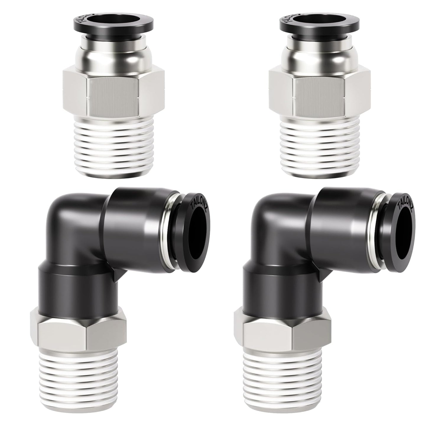TAILONZ PNEUMATIC Elbow and Straight Combination 5/32 Inch Tube OD x 1/8 Inch NPT Thread Push to Connect Fittings PC-5/32-N1+PL-5/32-N1(Pack of 4)
