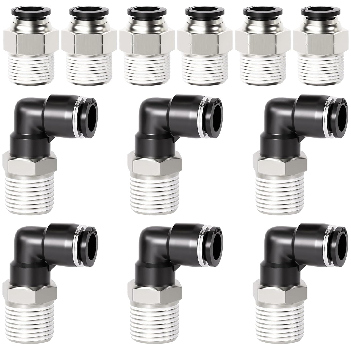 TAILONZ PNEUMATIC Elbow and Straight Combination 3/8 Inch Tube OD x 1/2 Inch NPT Thread Push to Connect Fittings PC-3/8-N4+PL-3/8-N4(Pack of 12)