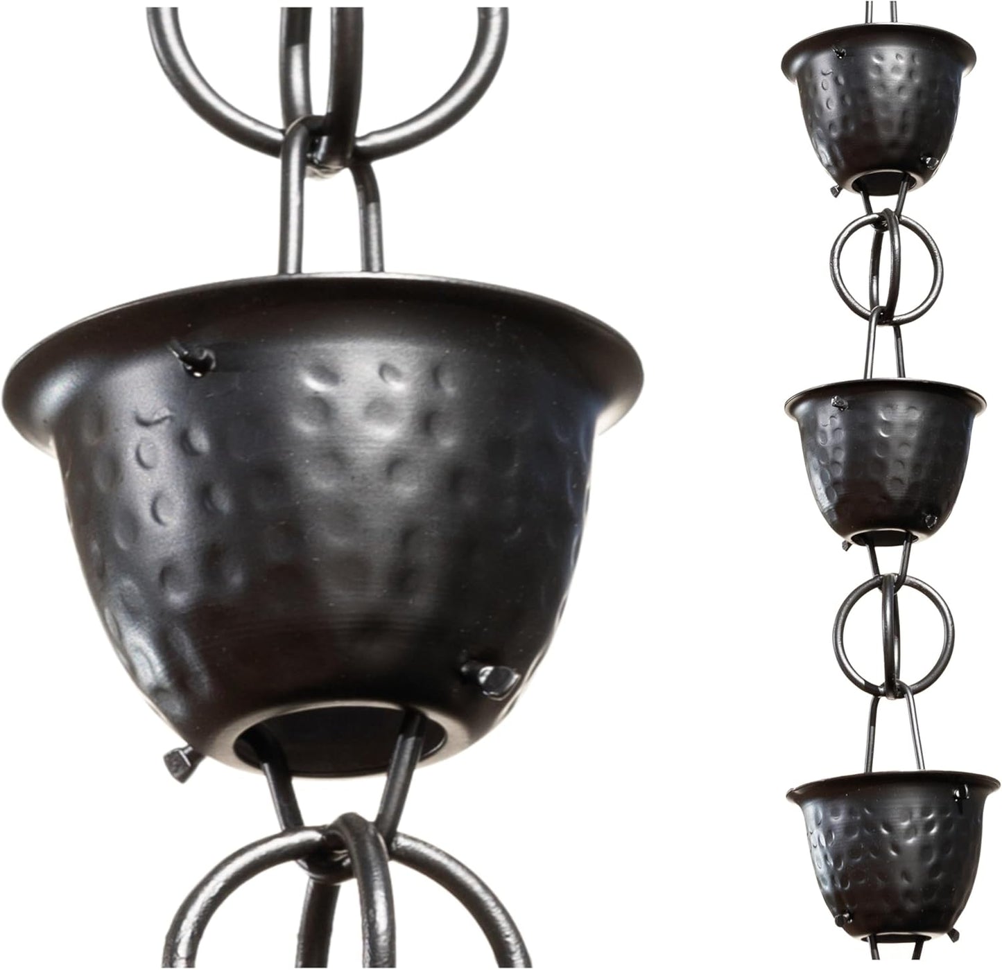 Monarch Rain Chains Pure Aluminum Hammered Cup Rain Chain Extension, 3 ft Black Powder Coated Decorative Rain Catcher Chain for Gutters, Rain Gutter Extension Downspout