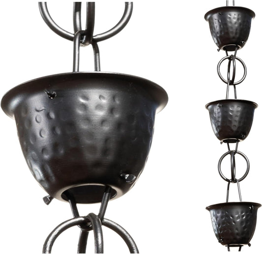 Monarch Rain Chains Pure Aluminum Hammered Cup Rain Chain Extension, 3 ft Black Powder Coated Decorative Rain Catcher Chain for Gutters, Rain Gutter Extension Downspout