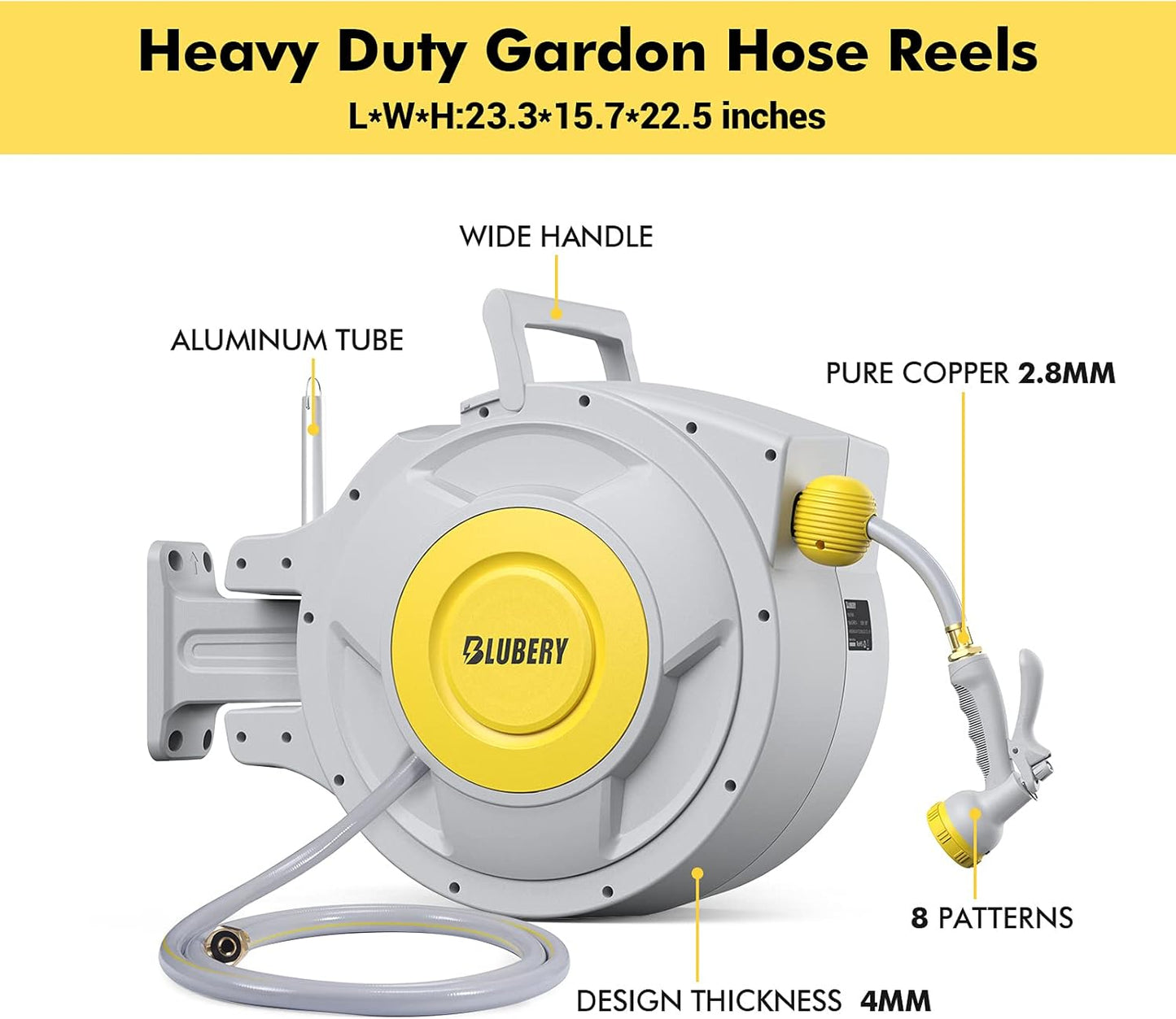 BLUBERY 130+6.7ft x 1/2" Retractable Garden Hose Reel, 40.8LB Super Heavy Duty, Any Length Lock, Slow Return System, Wide Handle, Wall Mounted and 180° Swivel Bracket, GHR02A