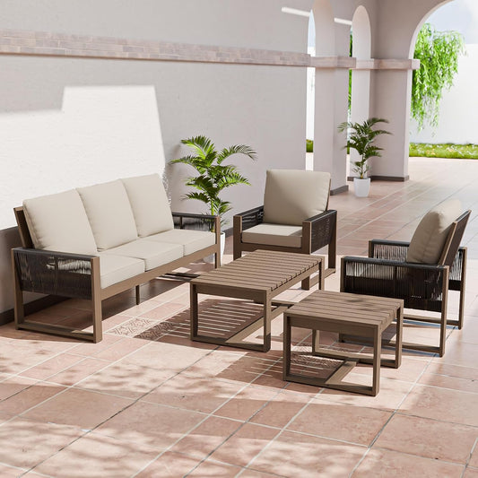 EAGLE PEAK Natural Wood Outdoor Patio Furniture, Cedar Furniture, Conversation Set, Outdoor Seating for Deck Patio Porch, Sofa 2 Chairs, Coffee Table & Side Table, 5 Pieces, Brown/Beige