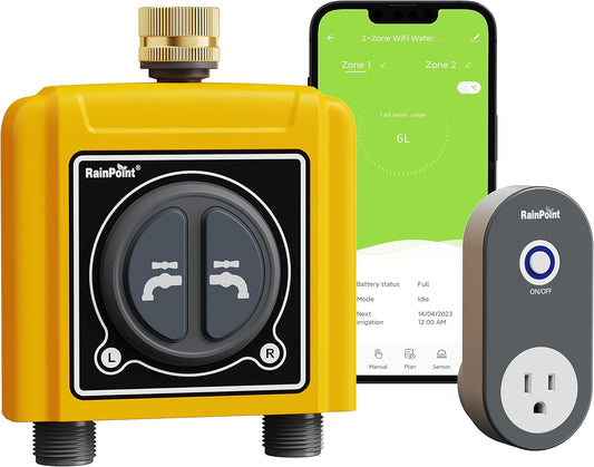 RAINPOINT WiFi Water Timer with Brass Inlet, 2 Outlets Sprinkler Timer,Automatic Irrigation System Controller, APP & Voice Control, Irrigation by Weather/Quantity/Soil Moisture