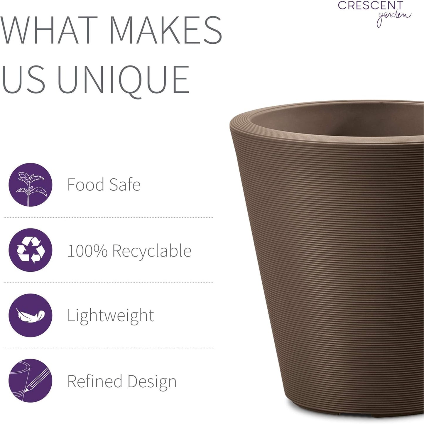 Crescent Garden Madison Planter– Weather-Resistant, Double Walled Indoor/Outdoor Plant Pot with Drain Hole – Durable All-Season Flower Container, 20" W (Bark)