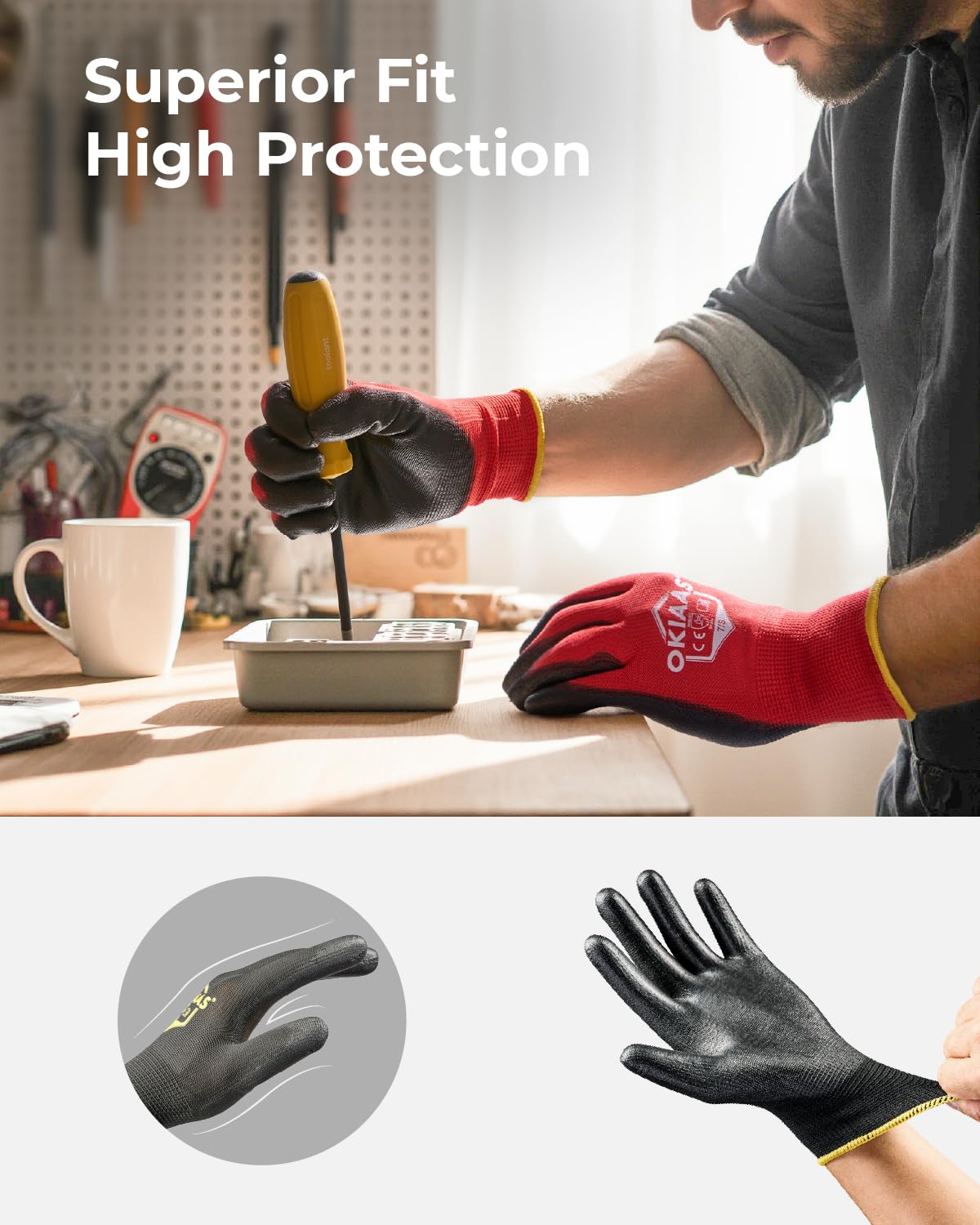 OKIAAS Work Gloves for Men，Ultra Thin and Lightweight Working Gloves with Grip, 12 Pairs Bulk Pack with Polyurethane Coating, for Light Duty Work (Blue, Small)