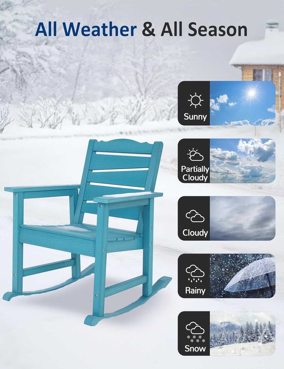 3-Piece Patio Rocking Chairs Set, Weatherproof HIPS Outdoor Rocking Chair for Adults, 400LBS Support Rocking Chairs with Table for Garden, Porch, Backyard and Indoor, Lake Blue