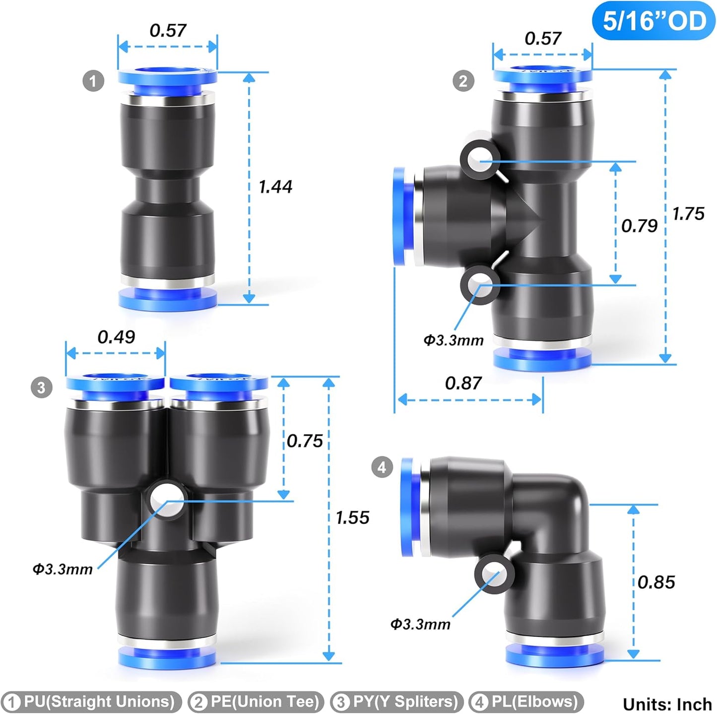 TAILONZ PNEUMATIC 5/16 Inch od Push to Connect Fittings Pneumatic Fittings Kit 10 Spliters+10 Elbows+10 tee+10 Straight(40 pcs)