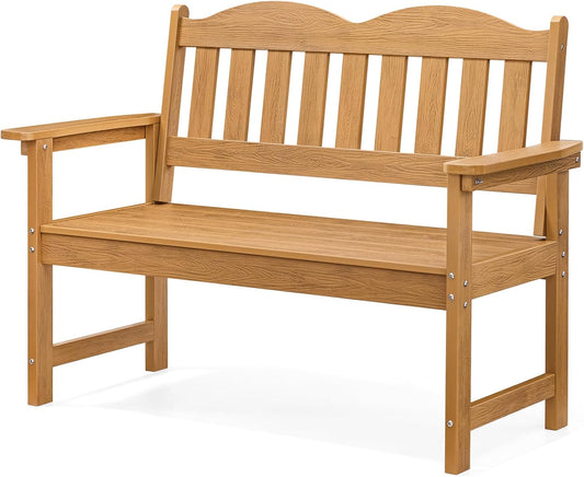 Outdoor Bench, 2-Person Poly Lumber Garden Bench with 800 lbs Weight Capacity, All-Weather Patio Bench with Armrests and Backrest for Garden, Porch, Backyard and Park, Teak