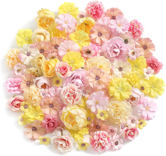 Faux Flower Heads Small Silk Artificial Flower DIY Fake Mini Flowers Rose Daisy Flowers Craft Supplies for Wedding Party Wreath Graduation Season Party Home Decor (125, Yellow Pink)
