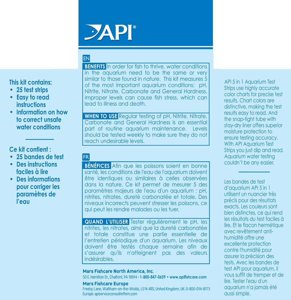 API 5-in-1 Test Strips Freshwater and Saltwater Aquarium Test Strips 25-Count Box