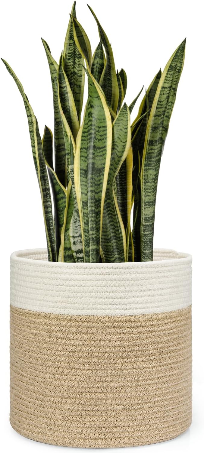 Dahey Jute Spliced Cotton Rope Plant Basket Modern Woven Storage Basket for 12" Floor Indoor Planter, Decorative Flower Pots Cover Laundry Bin with Handle Rustic Home Decor, White and Beige
