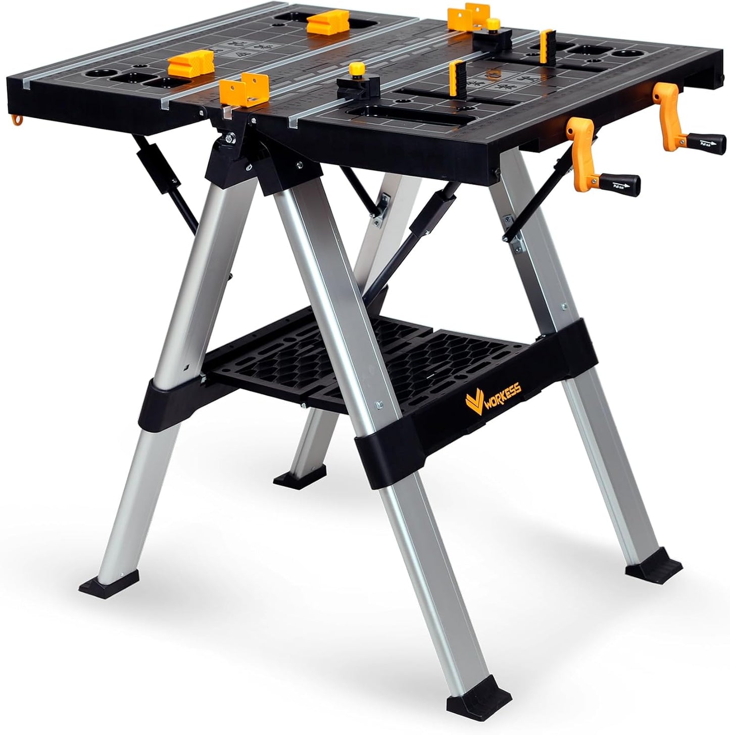 Portable Workbench & Sawhorse, 440Lbs/1000Lbs Capacity Heavy Duty Folding Work Table, 21.5"-32.5" Adjustable Height with Clamping System, 2 x 4 Support Arms, Tool Tray for Garage