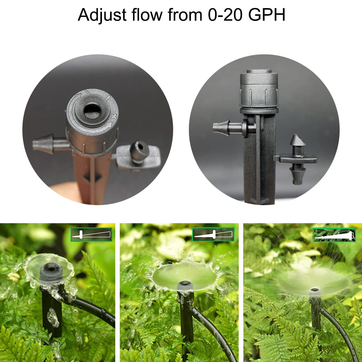 50 Pcs Drip Irrigation Emitters, Adjustable Flow 0-20 GPH Irrigation Drippers with Stake, Full Circle Flow Sprinkler Head, Micro Sprinkler for Garden Patio Lawn Flower Bed