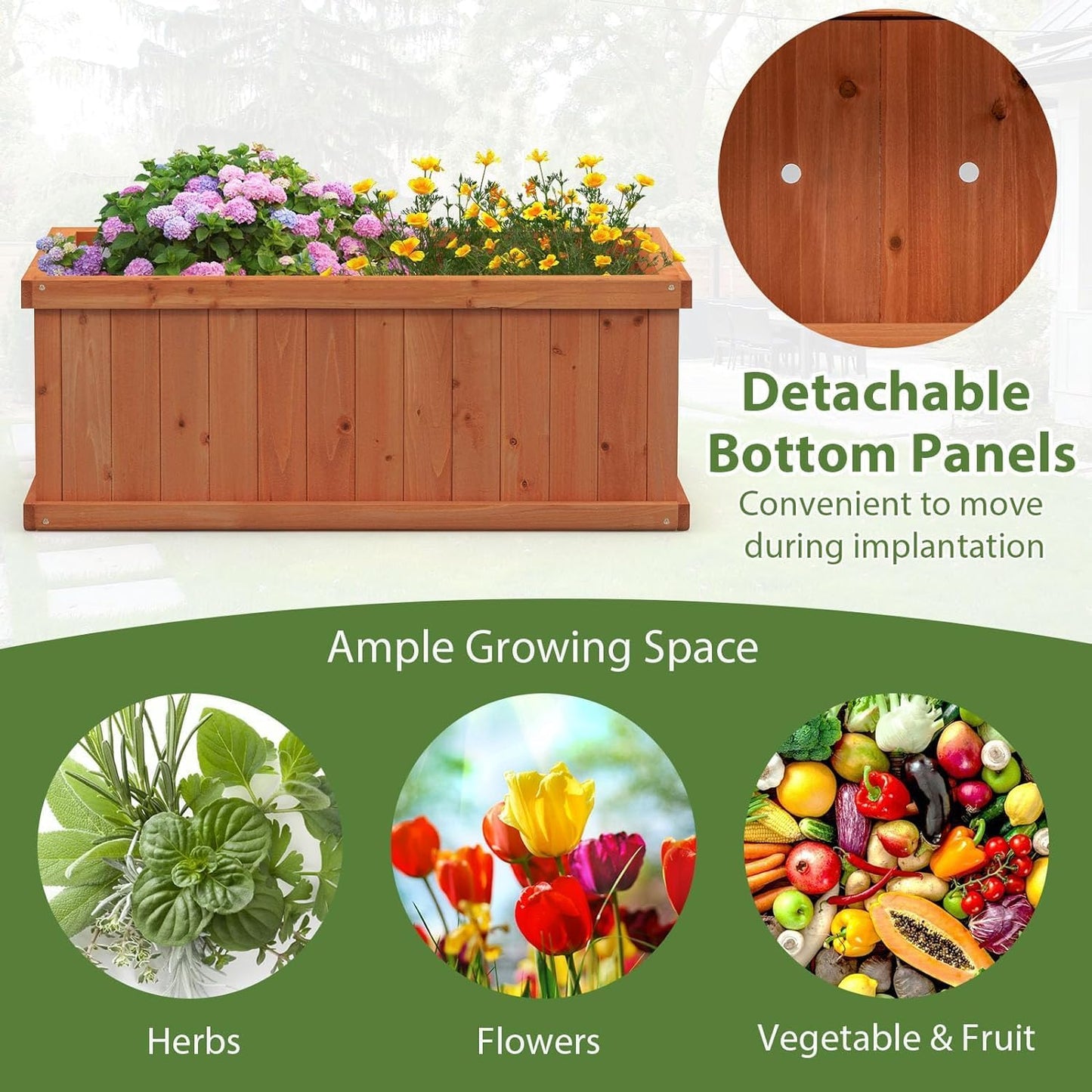LDAILY Raised Garden Bed, Outdoor Rectangle Flower Beds with 4 Detachable Bottom Panels & Drainage Holes, Wood Planter Box for Flowers/Vegetables/Herbs in Backyard Patio